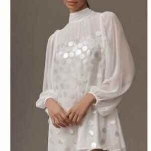 Anthropologie BHLDN White Large Sequin Saillette Mini Dress with Sheer Sleeves X